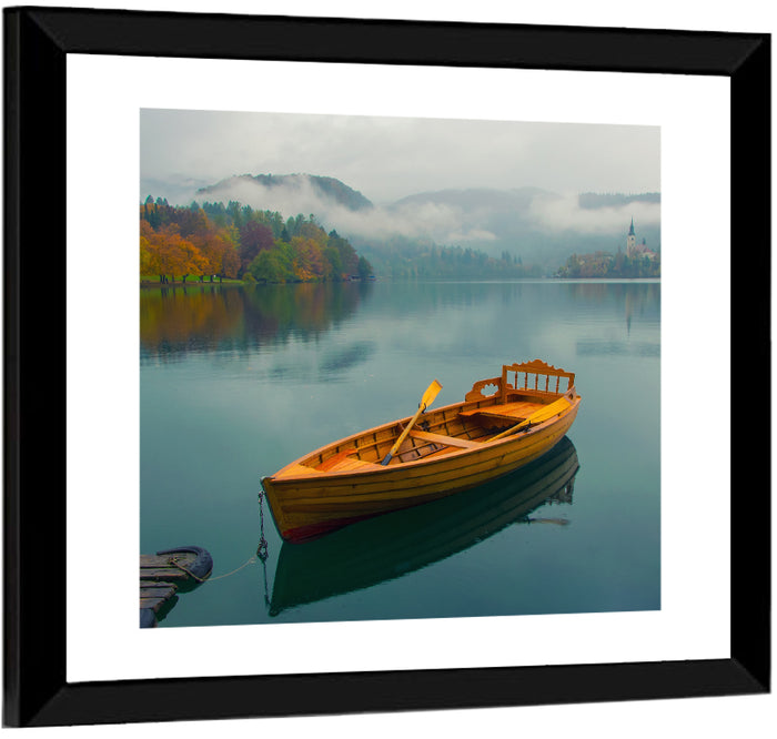 Tethered Boat on Lake Bled Wall Art as a framed print