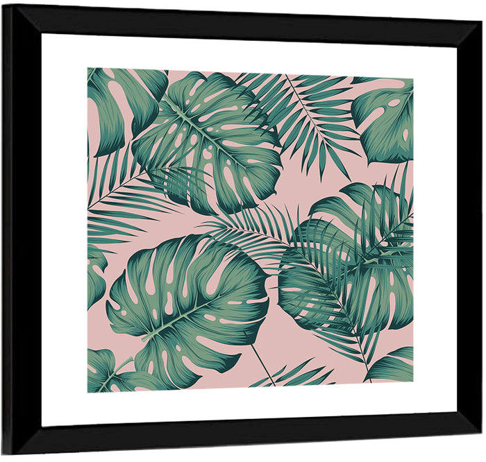 Areca Palm and Monstera Leaves Wall Art as a framed print