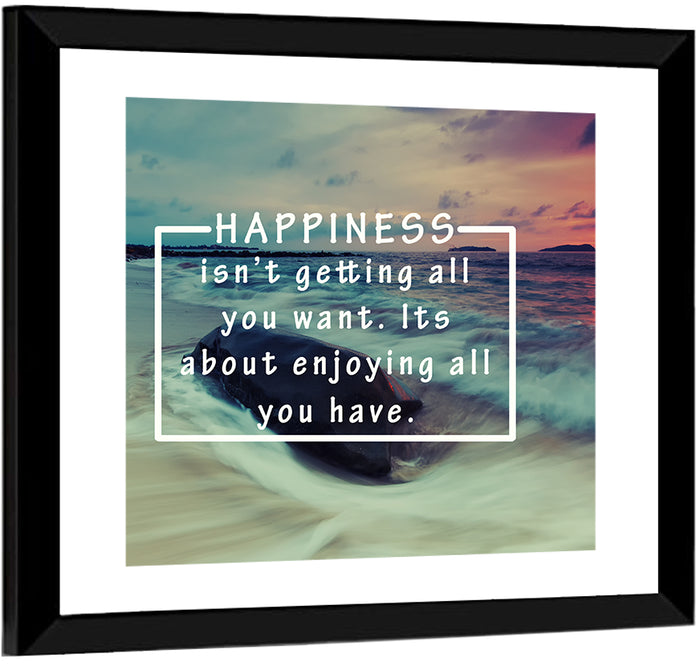 Happiness Quote on Sunset Beach Wall Art as a framed print