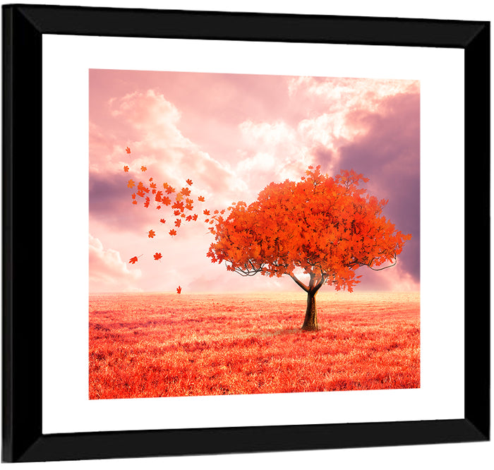 Windblown Red Autumn Tree Wall Art as a framed print