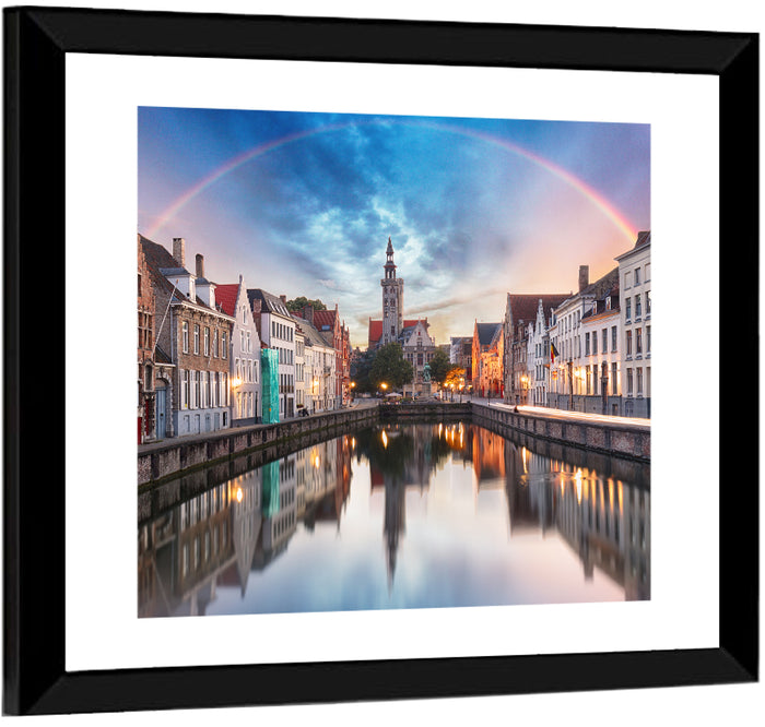 Bruges Twilight Rainbow Over Spiegelrei Canal Wall Art as a framed print