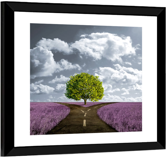 Lavender Field Crossroads with Lone Tree Wall Art as a framed print
