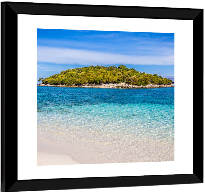 Butrint Turquoise Island Beach Wall Art as a framed print