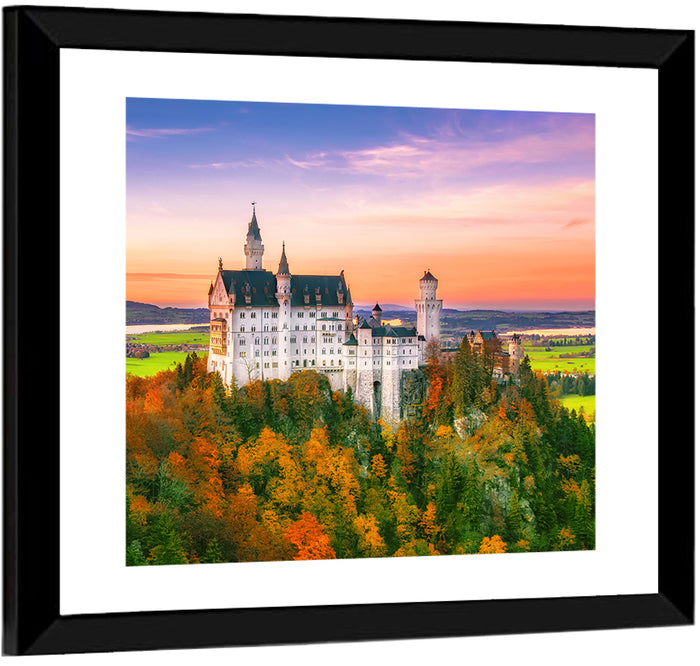 Neuschwanstein Castle at Autumn Sunset Wall Art as a framed print