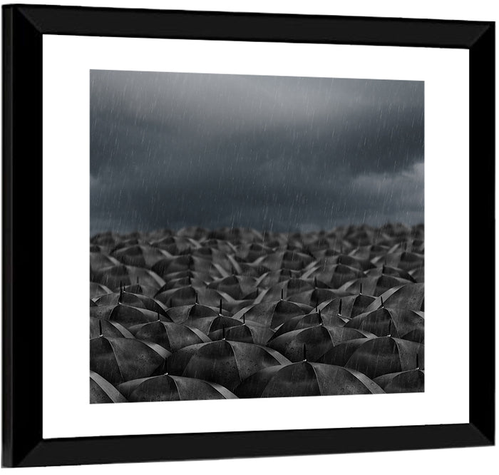 Clustered Umbrellas in Rain Wall Art as a framed print