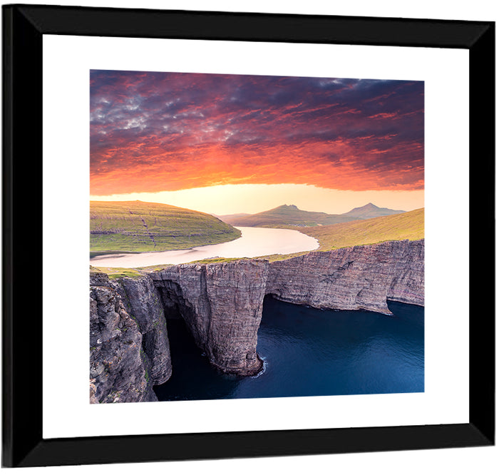 Sørvágsvatn Cliffside Dusk Wall Art as a framed print
