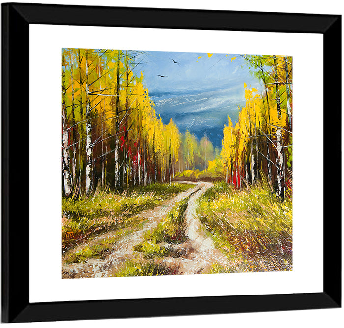 Autumn Birch Path with Two Birds Wall Art as a framed print