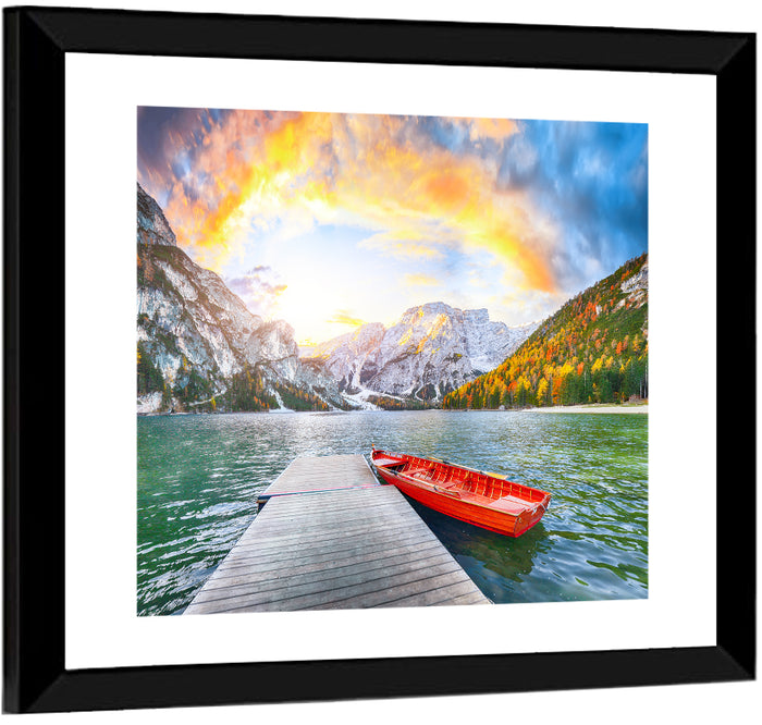 Pier at Lago Di Braies Wall Art as a framed print