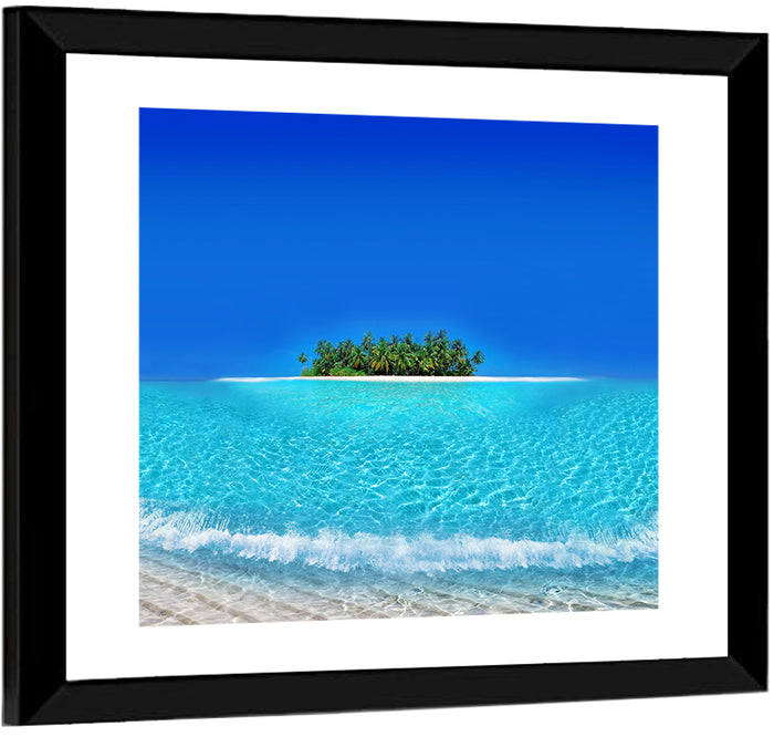 Turquoise Atoll Sandbar with Palm Trees Wall Art as a framed print
