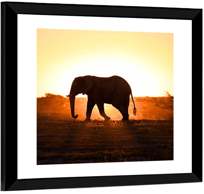 Golden Hour Elephant Silhouette Wall Art as a framed print