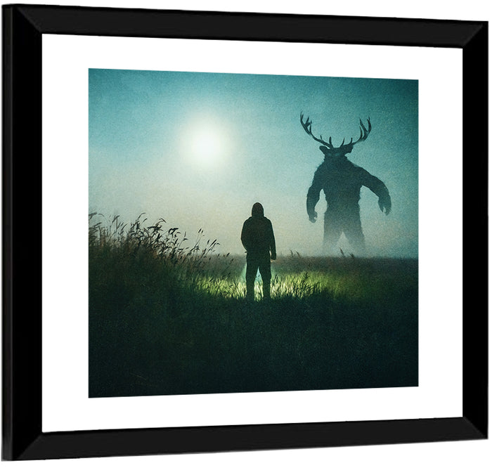 Antlered Shadow in Mist Wall Art as a framed print