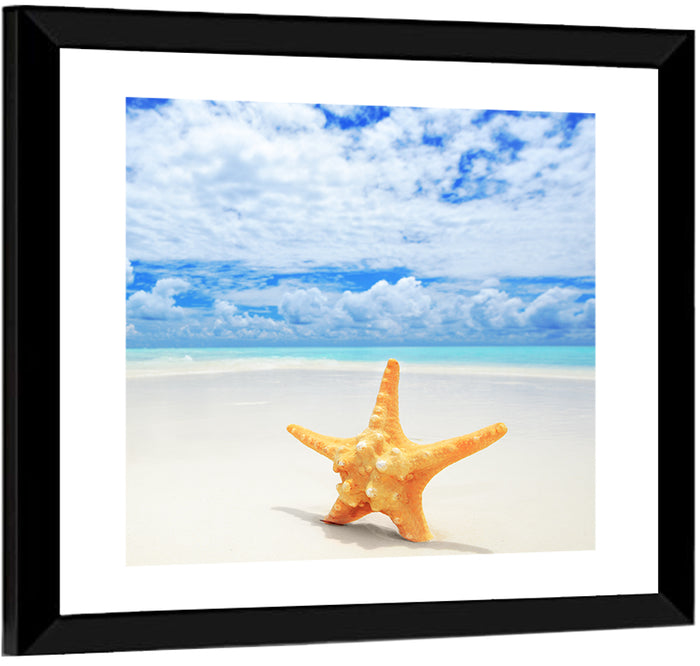 Minimalist Yellow Starfish on Turquoise Shore Wall Art as a framed print
