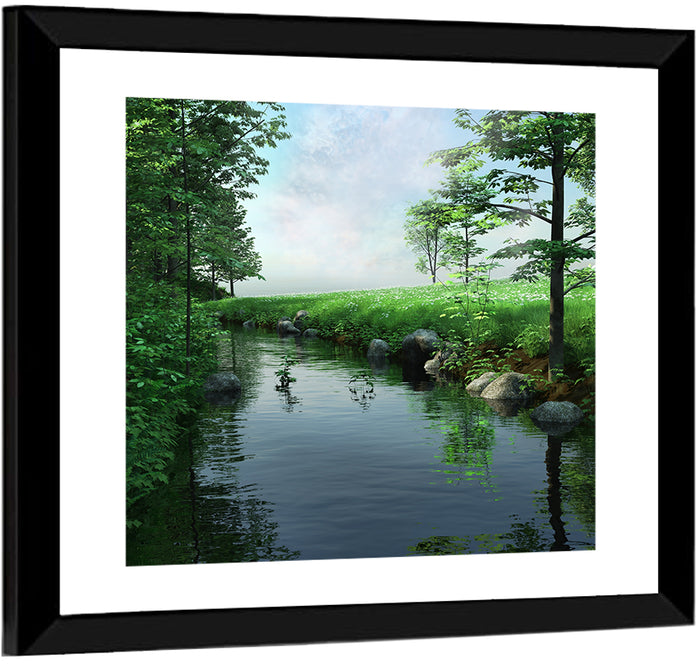 Tranquil Meadow Stream with Wildflowers Wall Art as a framed print