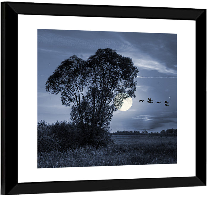 Moonlit Birds Over Quiet Field Wall Art as a framed print