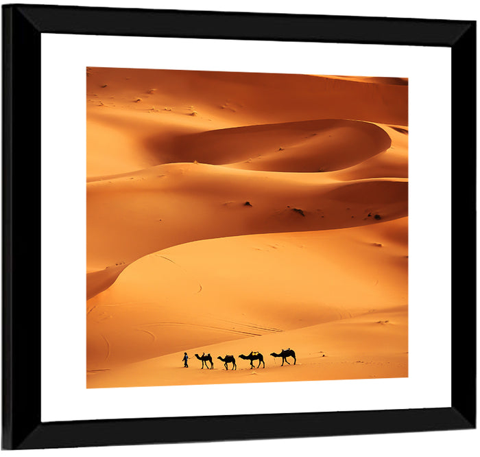 Desert Camel Caravan in Golden Dunes Wall Art as a framed print