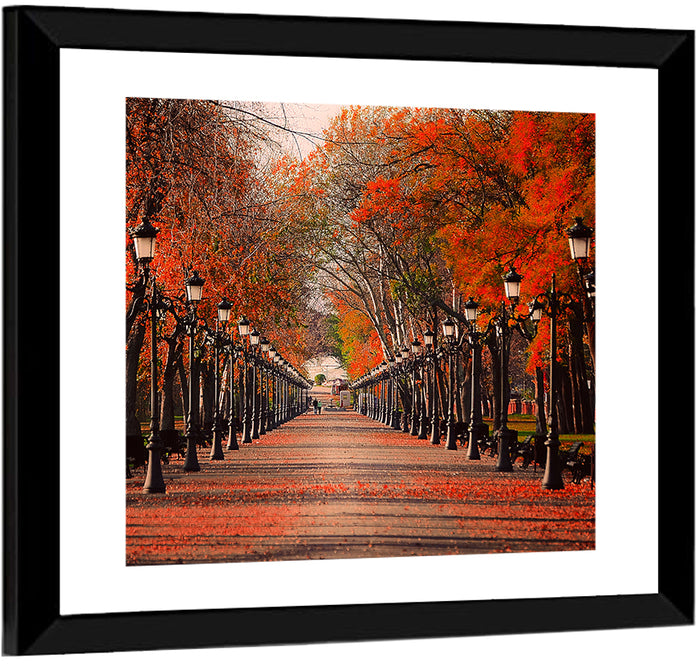 Autumn Park Path with Vintage Lampposts Wall Art as a framed print
