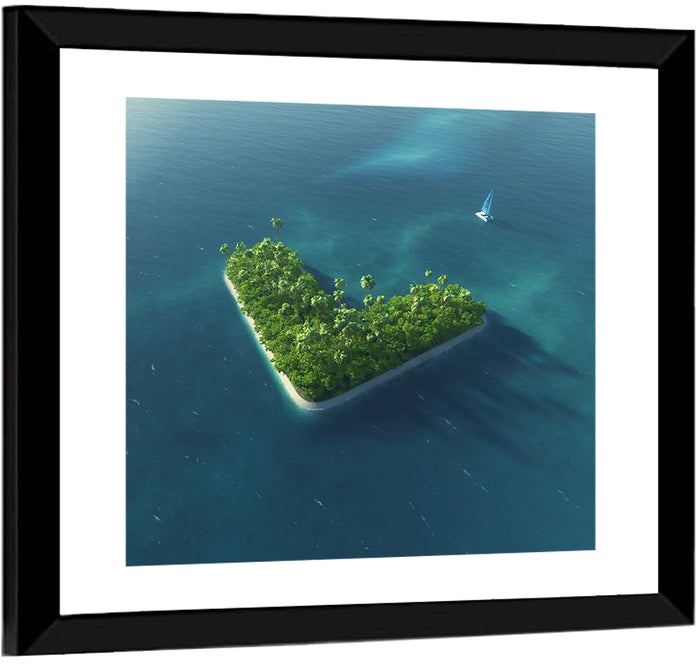 V-shaped Tropical Island with Distant Catamaran Wall Art as a framed print