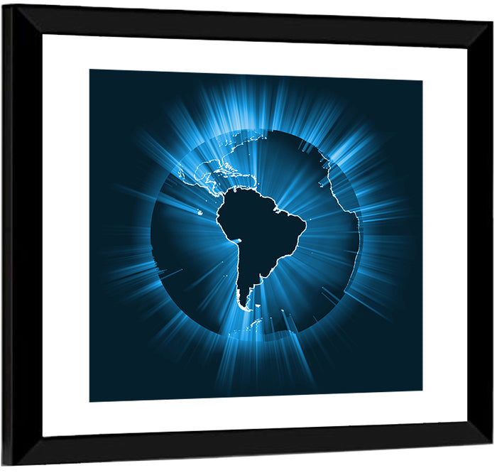 Glowing South America Map Wall Art as a framed print