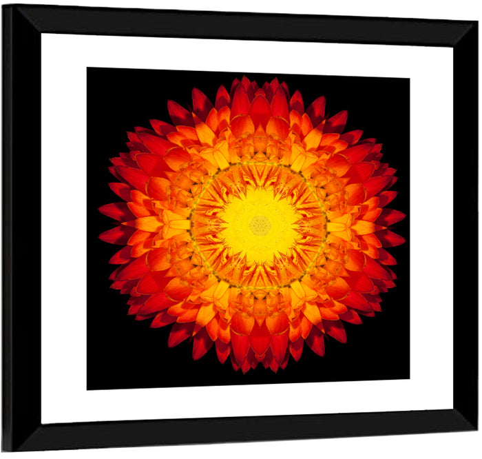 Radiant Red Kaleidoscopic Mandala Flower Wall Art as a framed print