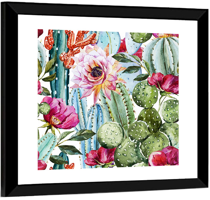 Watercolor Cactus Pattern Wall Art as a framed print
