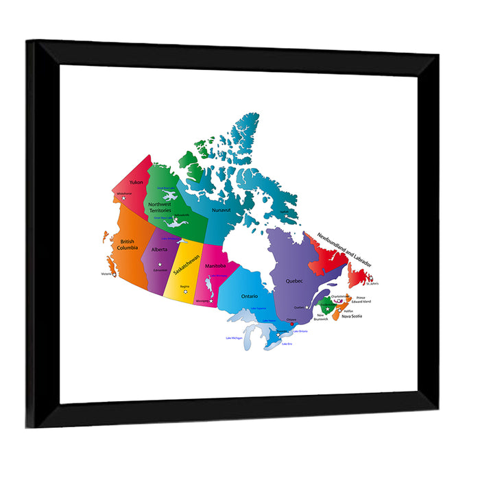 Colorful Canada Map Illustration Wall Art as a framed print