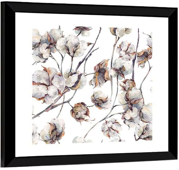 Watercolor Cotton Bolls Wall Art as a framed print