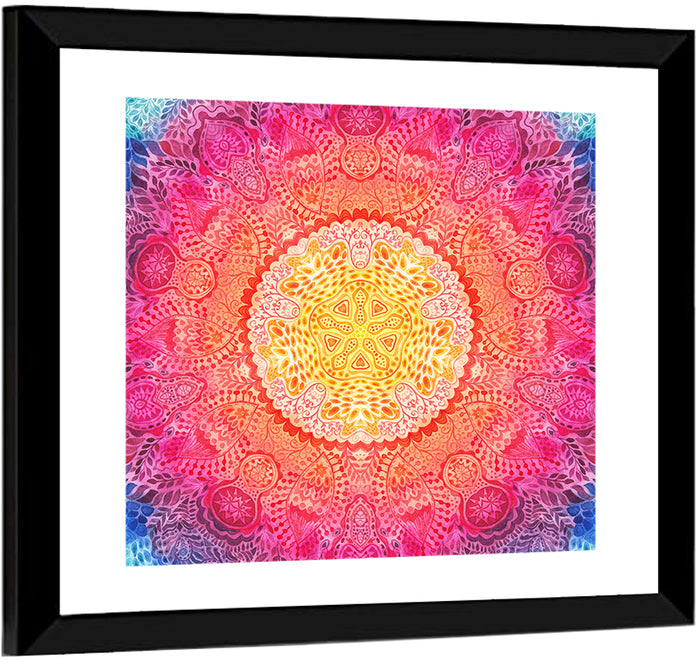 Watercolor Lace Mandala in Pink and Gold Wall Art as a framed print