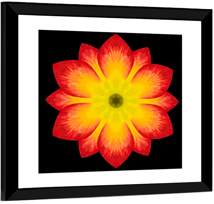 Red Yellow Mandala Flower Pattern Wall Art as a framed print