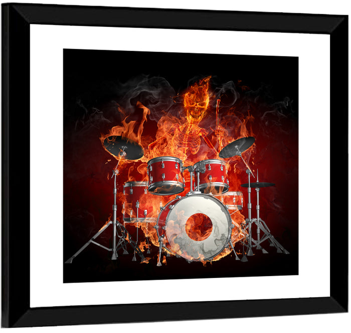 Flaming Skeleton Drummer Wall Art as a framed print