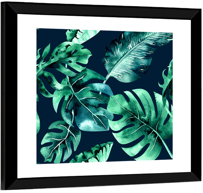 Tropical Watercolor Leaf Pattern Wall Art as a framed print