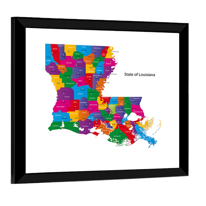 Colorful Louisiana Parish Map Wall Art as a framed print