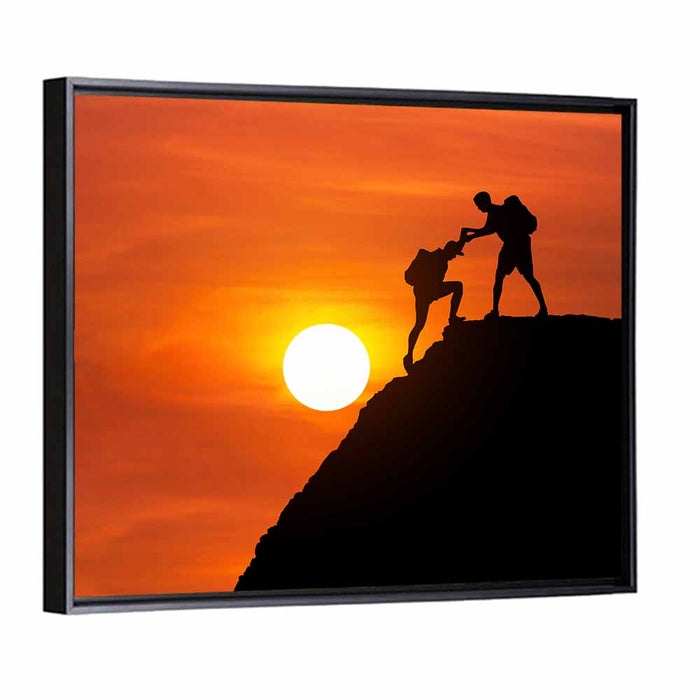 Mountaineer Silhouette at Sunset Wall Art as a framed canvas