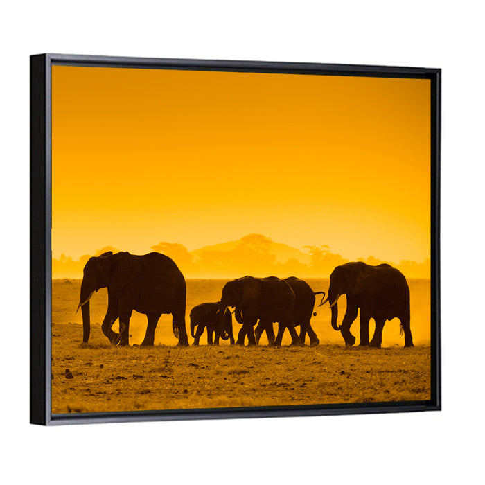 Elephant Family Silhouette Wall Art as a framed canvas