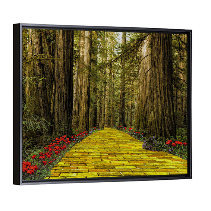 Yellow Brick Path Through Redwoods Wall Art as a framed canvas
