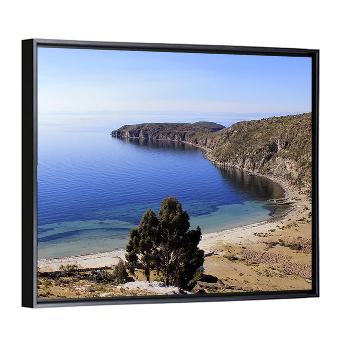 Titicaca Cliffs and Turquoise Water Wall Art as a framed canvas