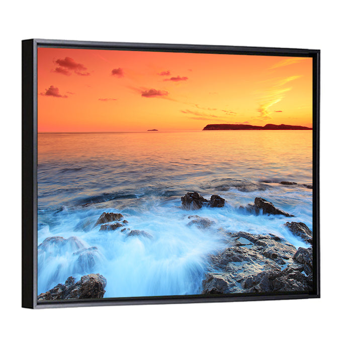 Dubrovnik Sunset Over Rocky Shore Wall Art as a framed canvas