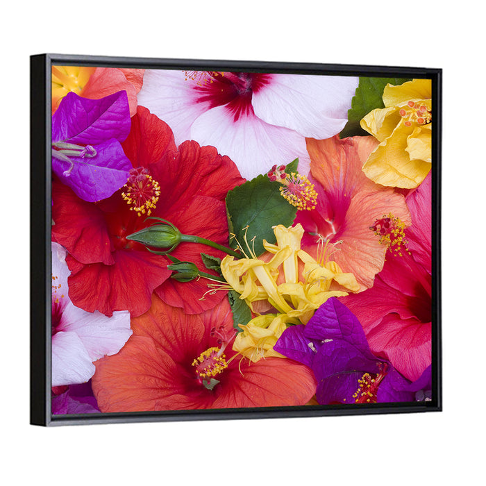 Tropical Bougainvillea and Hibiscus Bloom Wall Art as a framed canvas