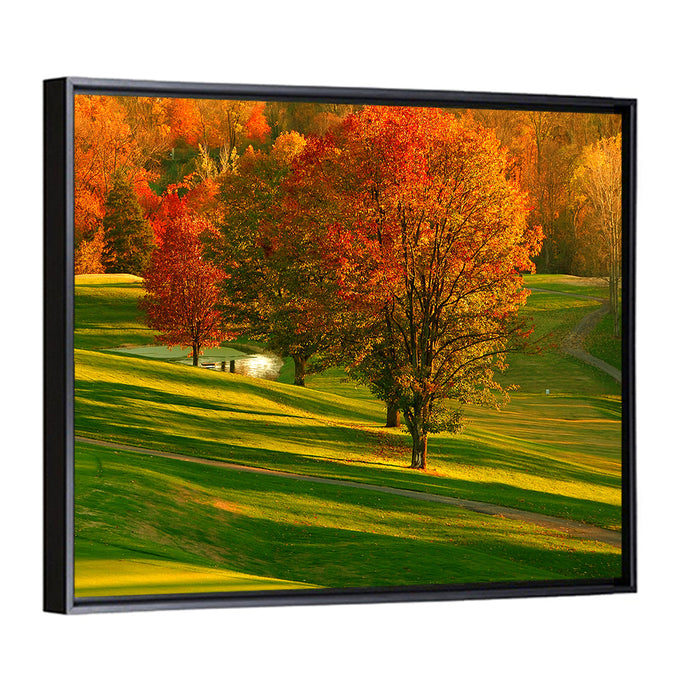 Golden Hour Golf Course Wall Art as a framed canvas