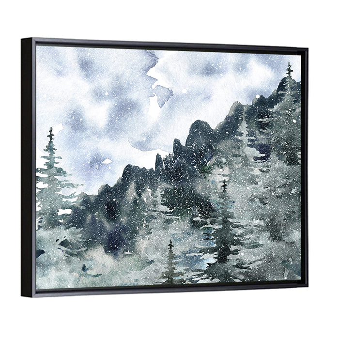 Snowfall Mountain Forest Illustration Wall Art as a framed canvas