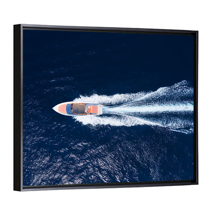 Sleek Speedboat Over Navy Sea Wall Art as a framed canvas