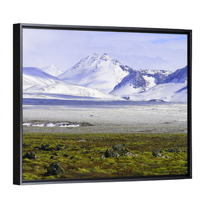 Icelandic Snow and Moss Landscape Wall Art as a framed canvas