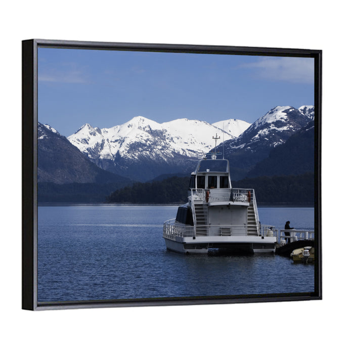 Lake Nahuel Huapi Catamaran and Snow-capped Mountains Wall Art as a framed canvas