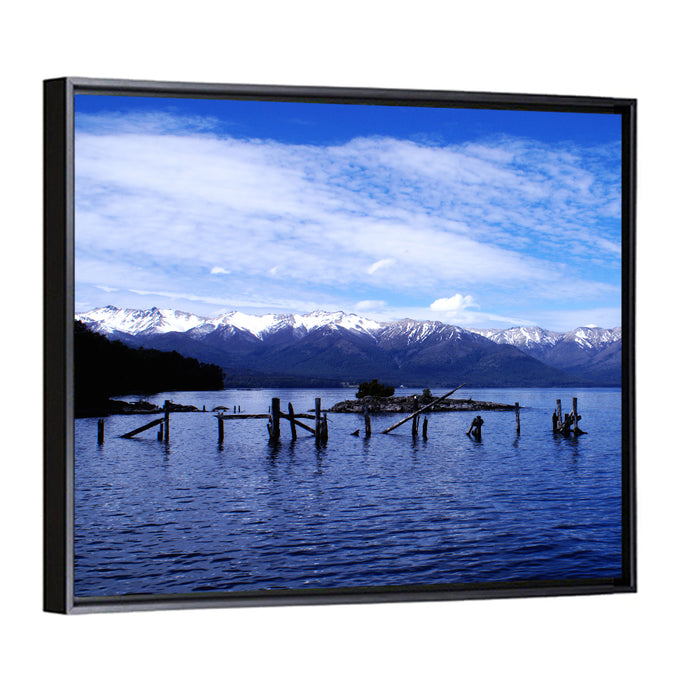Nahuel Huapi Lake with Wooden Pilings Wall Art as a framed canvas