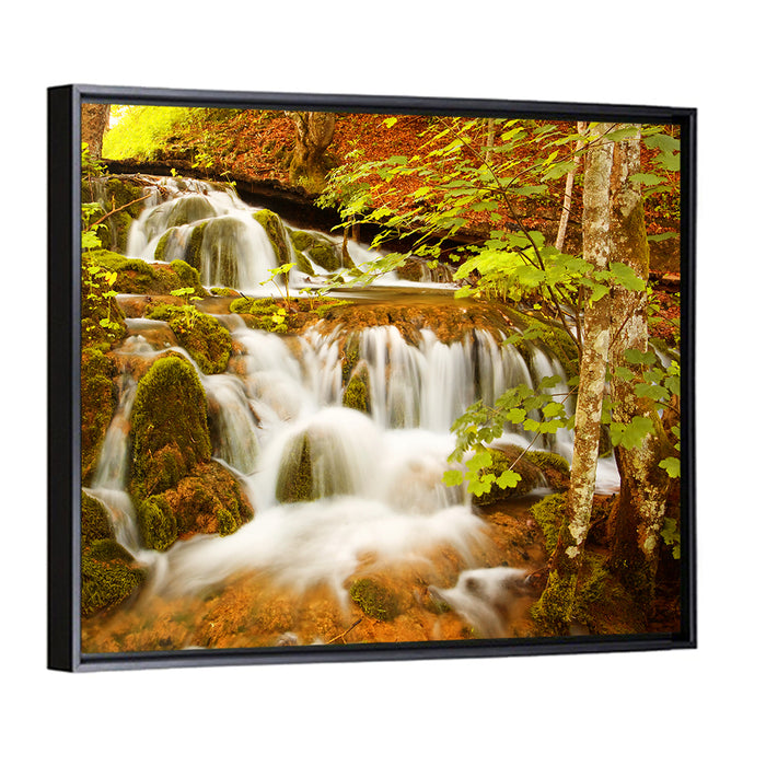 Plitvice Autumn Stream Wall Art as a framed canvas