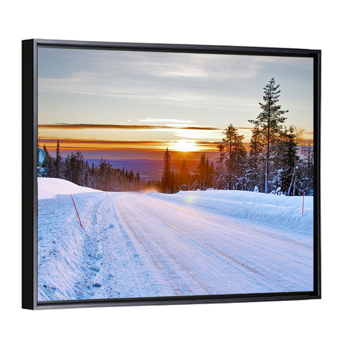 Snowy Road at Sunset Wall Art as a framed canvas