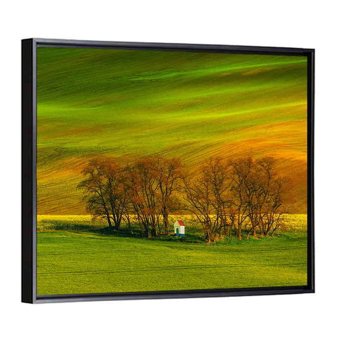 Moravian Wheat Fields with Chapel Wall Art as a framed canvas