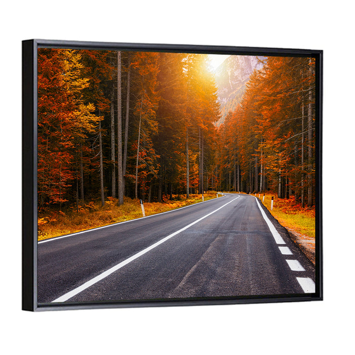 Golden Hour Forest Road Wall Art as a framed canvas