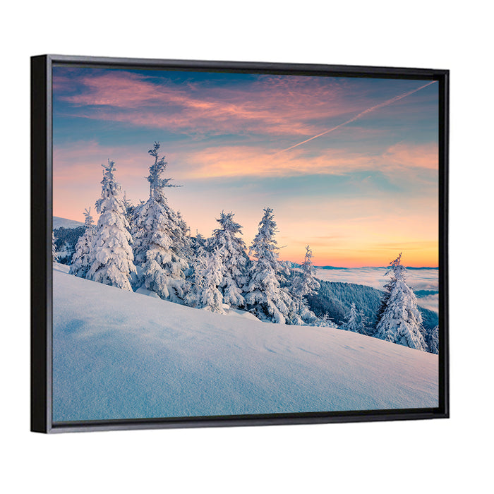 Snowy Carpathian Sunset Wall Art as a framed canvas
