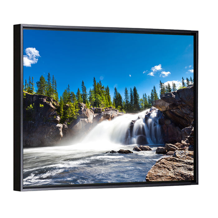 Misty Blue Waterfall Wall Art as a framed canvas