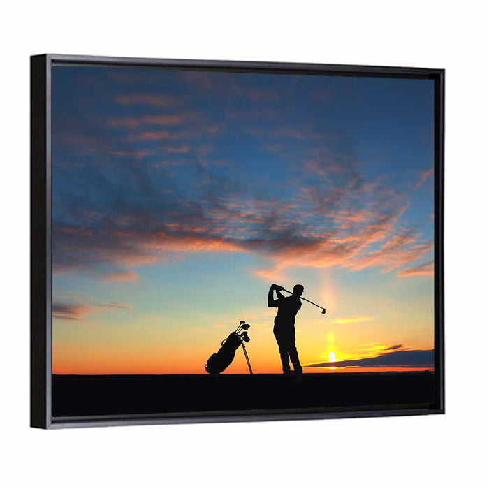 Sunset Golfer Silhouette Wall Art as a framed canvas
